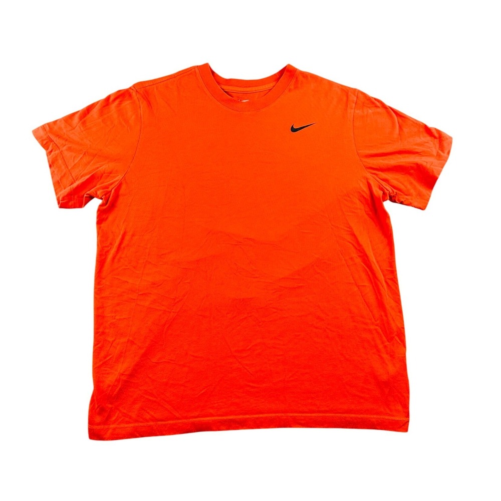 Nike Dri-Fit T-Shirt Men L Orange Swoosh Solid Crewneck Athletic Training Sporty